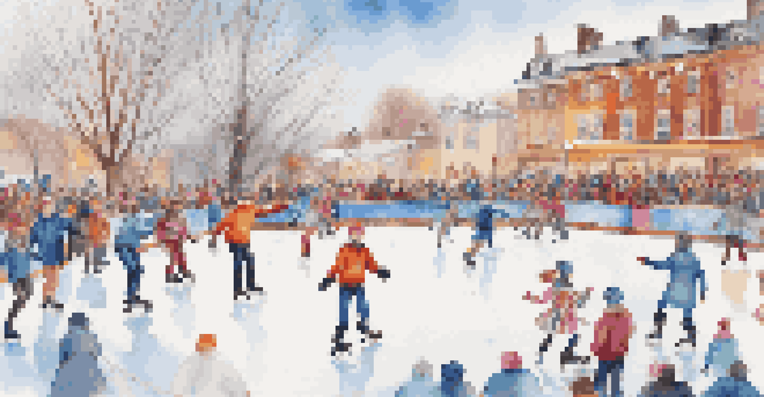 An outdoor ice skating competition featuring skaters in various styles, surrounded by cheering spectators and festive decorations.