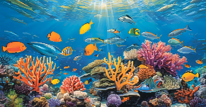 An underwater scene featuring a colorful coral reef with various fish swimming among the corals, illuminated by soft sunlight.