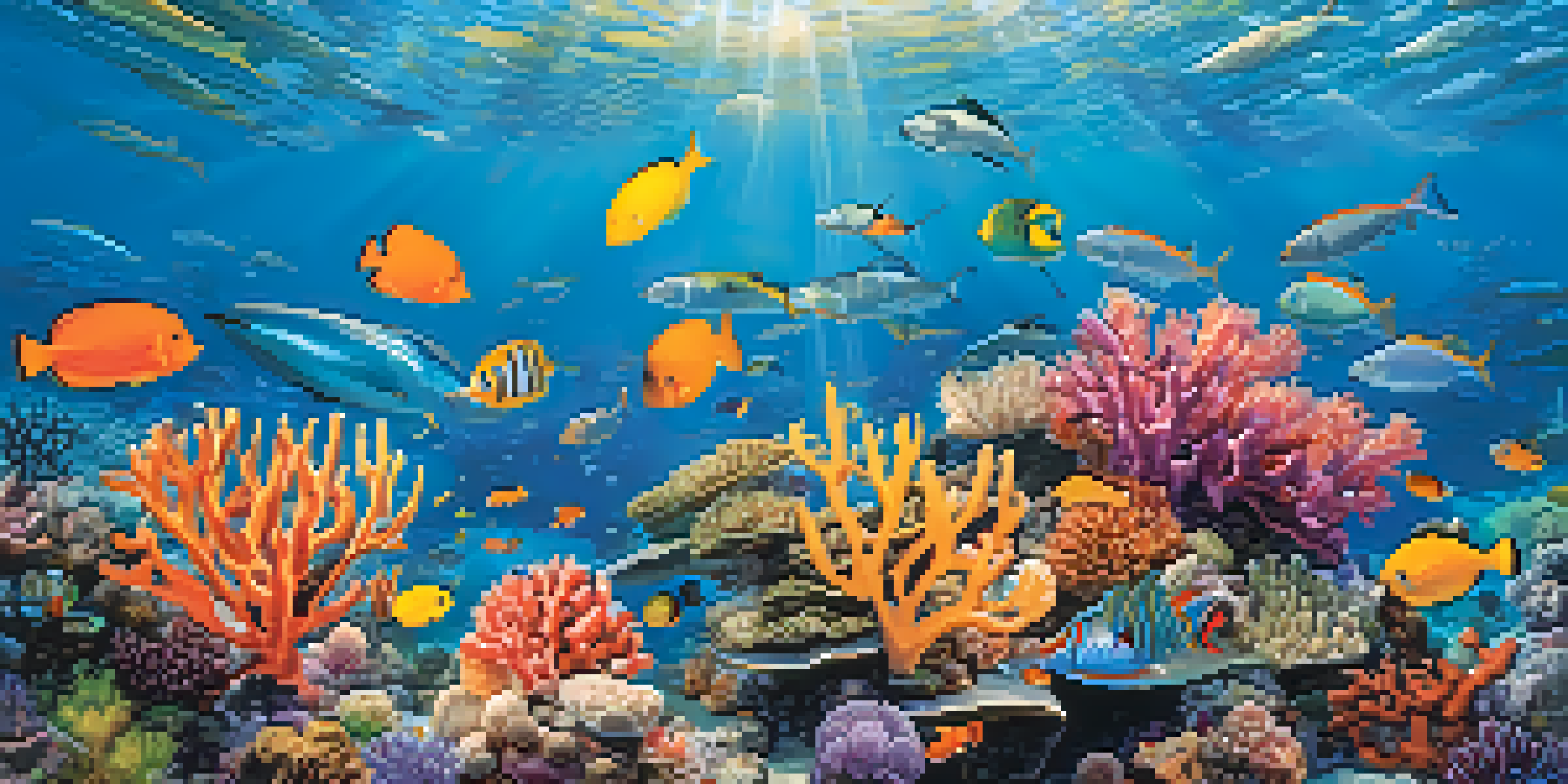 An underwater scene featuring a colorful coral reef with various fish swimming among the corals, illuminated by soft sunlight.