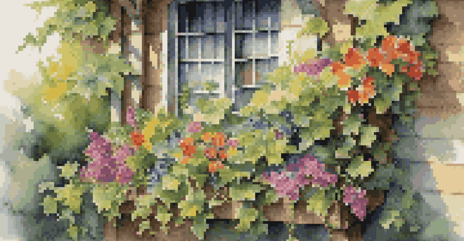 A vertical garden with flowers and vines on a wooden trellis illuminated by sunlight.