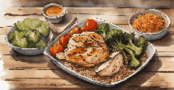 A healthy meal with grilled chicken, brown rice, and steamed vegetables on a wooden table, illuminated by warm light.