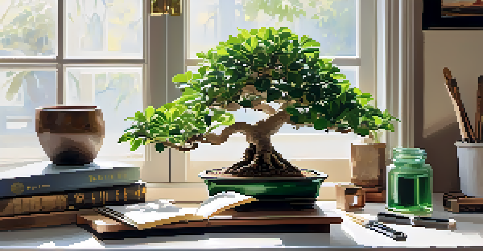 An indoor setting with a Ficus bonsai tree on a desk, surrounded by gardening tools and a care guide book.