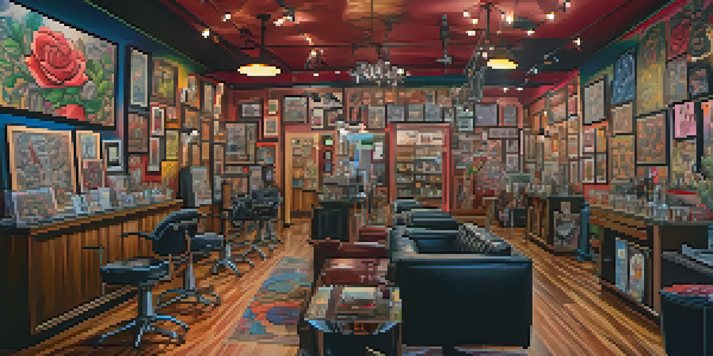An interior view of a tattoo shop with a wall of colorful tattoo flash art designs and tattoo artists at work.