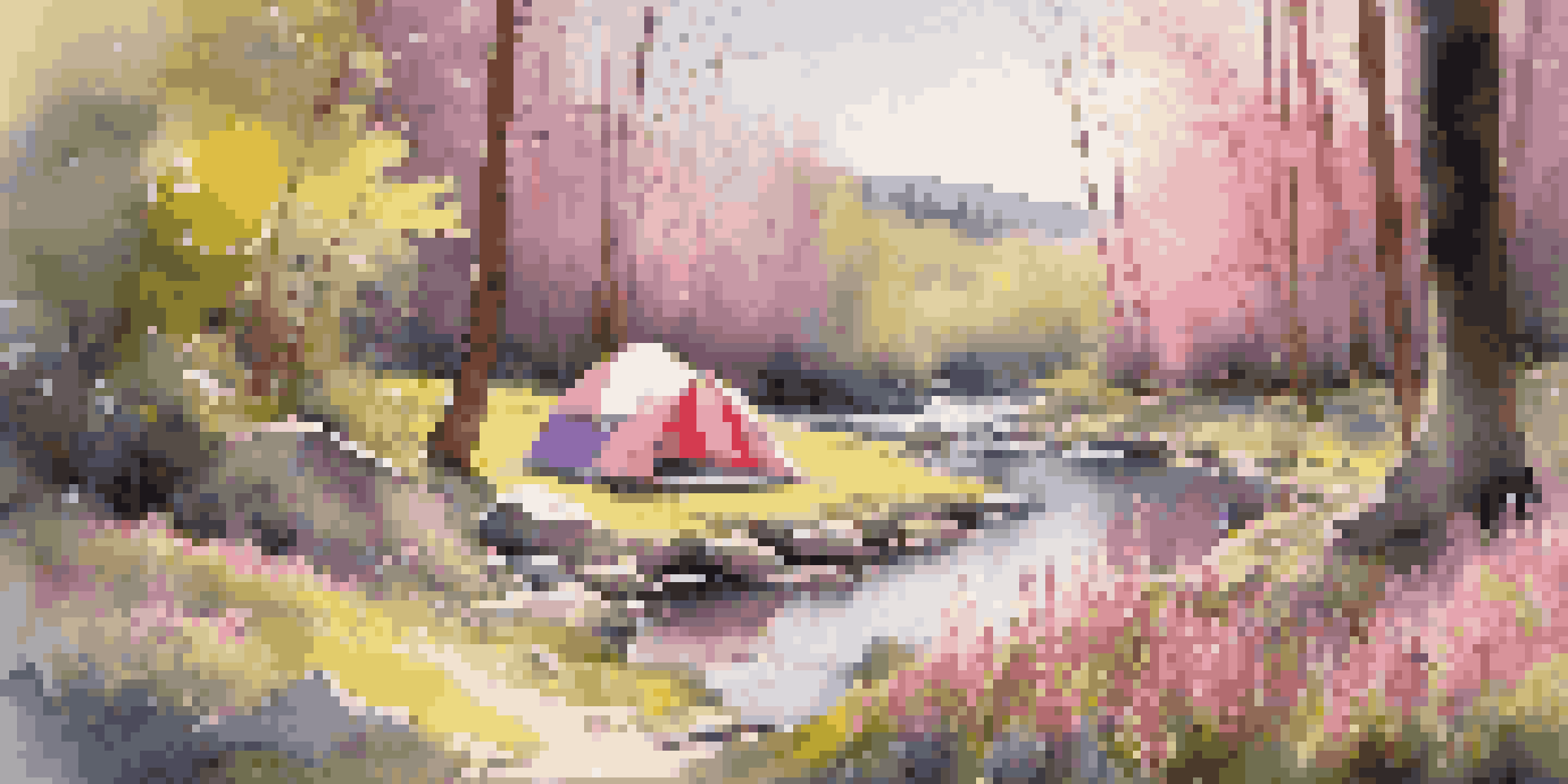 A peaceful campsite in spring with blooming flowers and a small brook nearby.