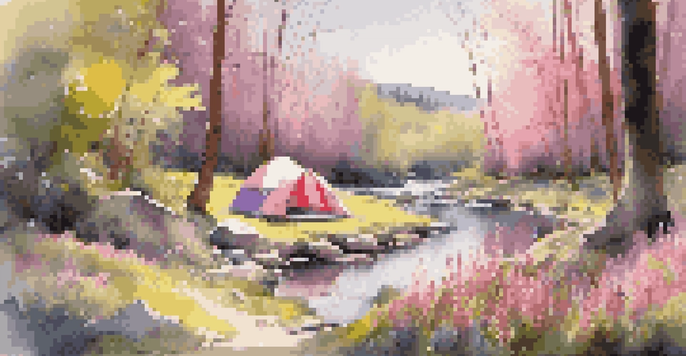A peaceful campsite in spring with blooming flowers and a small brook nearby.