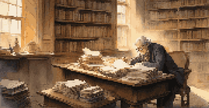 A middle-aged woman historian at a wooden desk, revising documents with books around her, illuminated by warm light from a window.