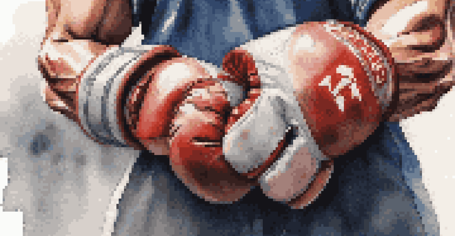 Close-up of a fighter's hands gripping worn training gloves, symbolizing determination and resilience.