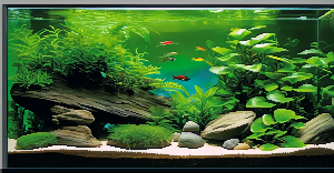 An underwater scene with vibrant green plants and colorful tropical fish swimming in clear water, illuminated by soft natural light.