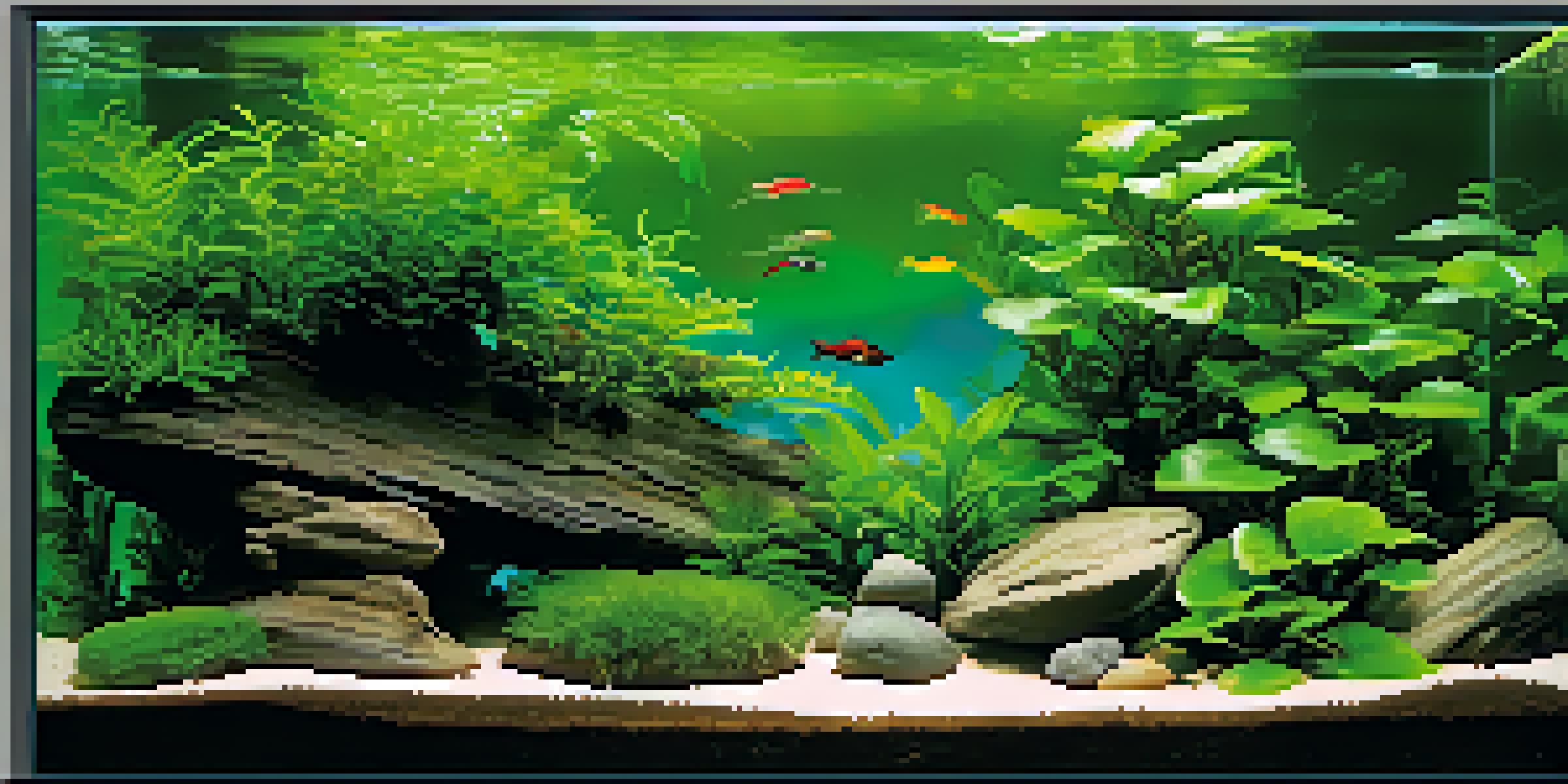 An underwater scene with vibrant green plants and colorful tropical fish swimming in clear water, illuminated by soft natural light.