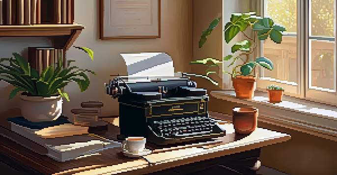 A cozy writing desk with an open notebook, vintage typewriter, and a cup of tea, illuminated by afternoon sunlight, surrounded by books and a plant.