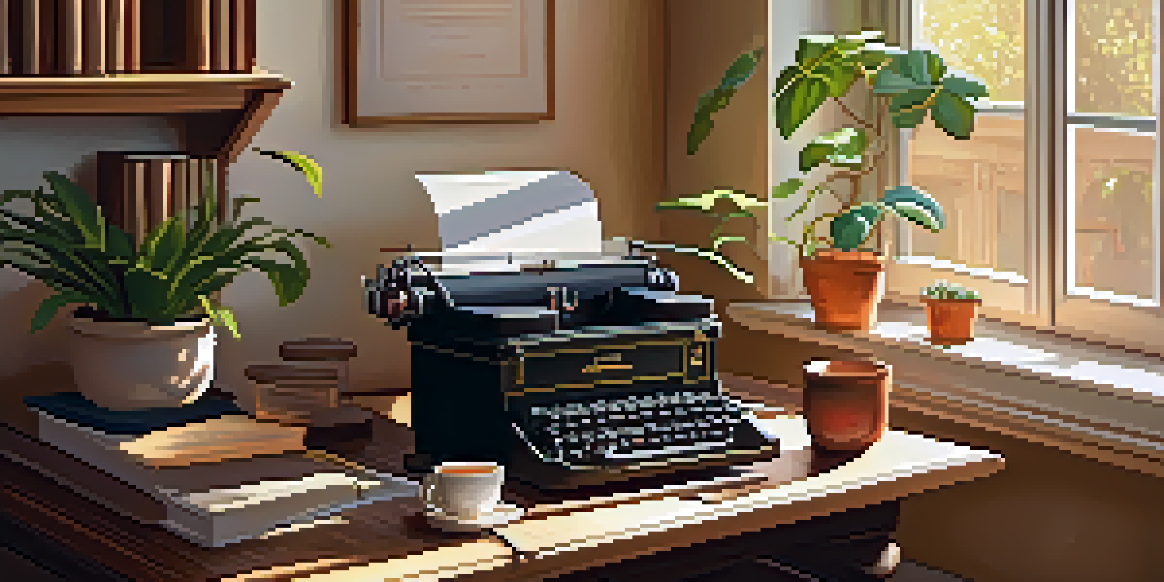 A cozy writing desk with an open notebook, vintage typewriter, and a cup of tea, illuminated by afternoon sunlight, surrounded by books and a plant.