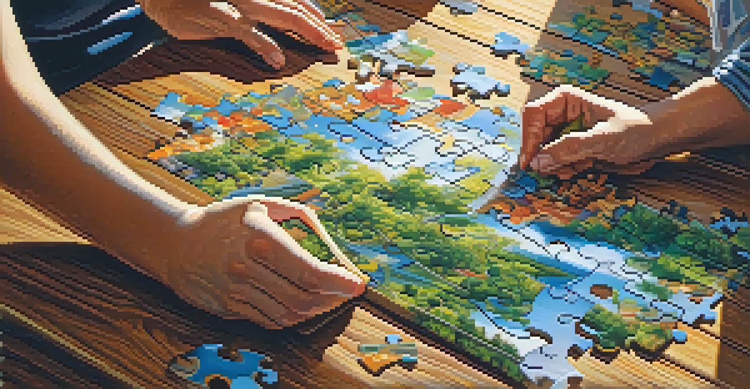 Close-up of hands placing the final piece into a jigsaw puzzle on a wooden table.