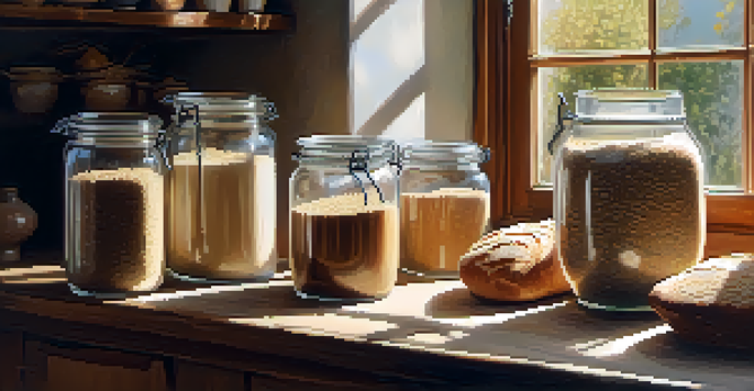 A wooden table with different types of flour in jars, set in a sunlit kitchen with herbs in the background.