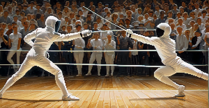 Two fencers in white gear sparring on a fencing strip, with a blurred motion effect showing their swords clashing and an audience in the background.