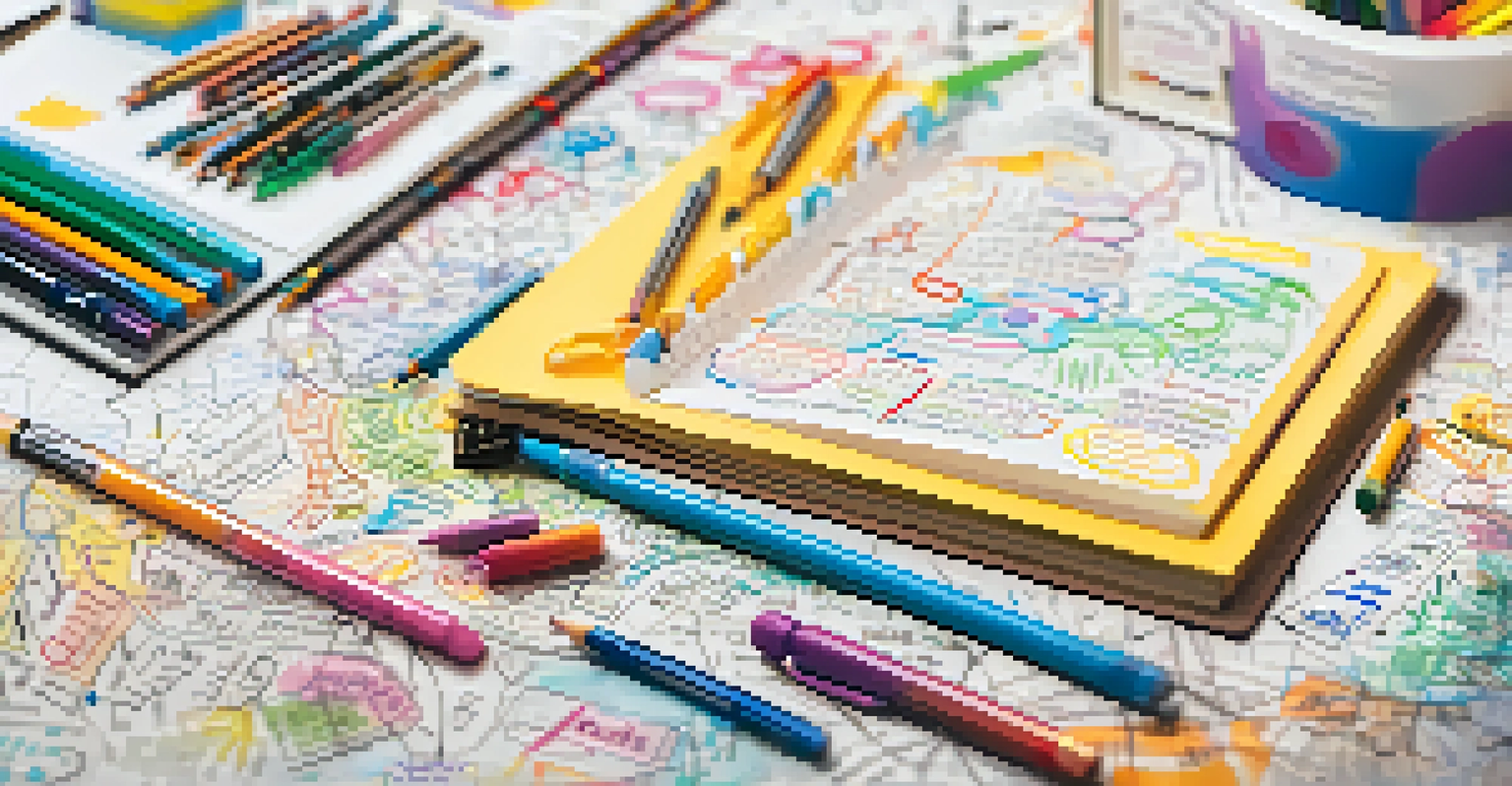 A journal page with a colorful mind map and art supplies around.