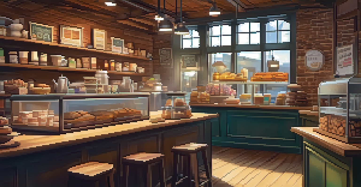 A cozy coffee shop interior with wooden textures, warm lighting, and colorful pastries.