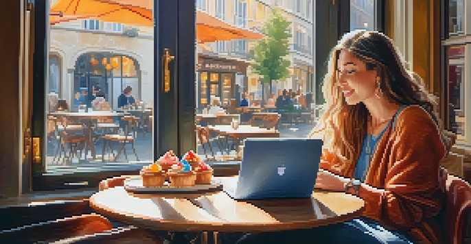 A travel blogger working on a laptop in a cozy café with pastries and coffee, sunlight streaming through the window.