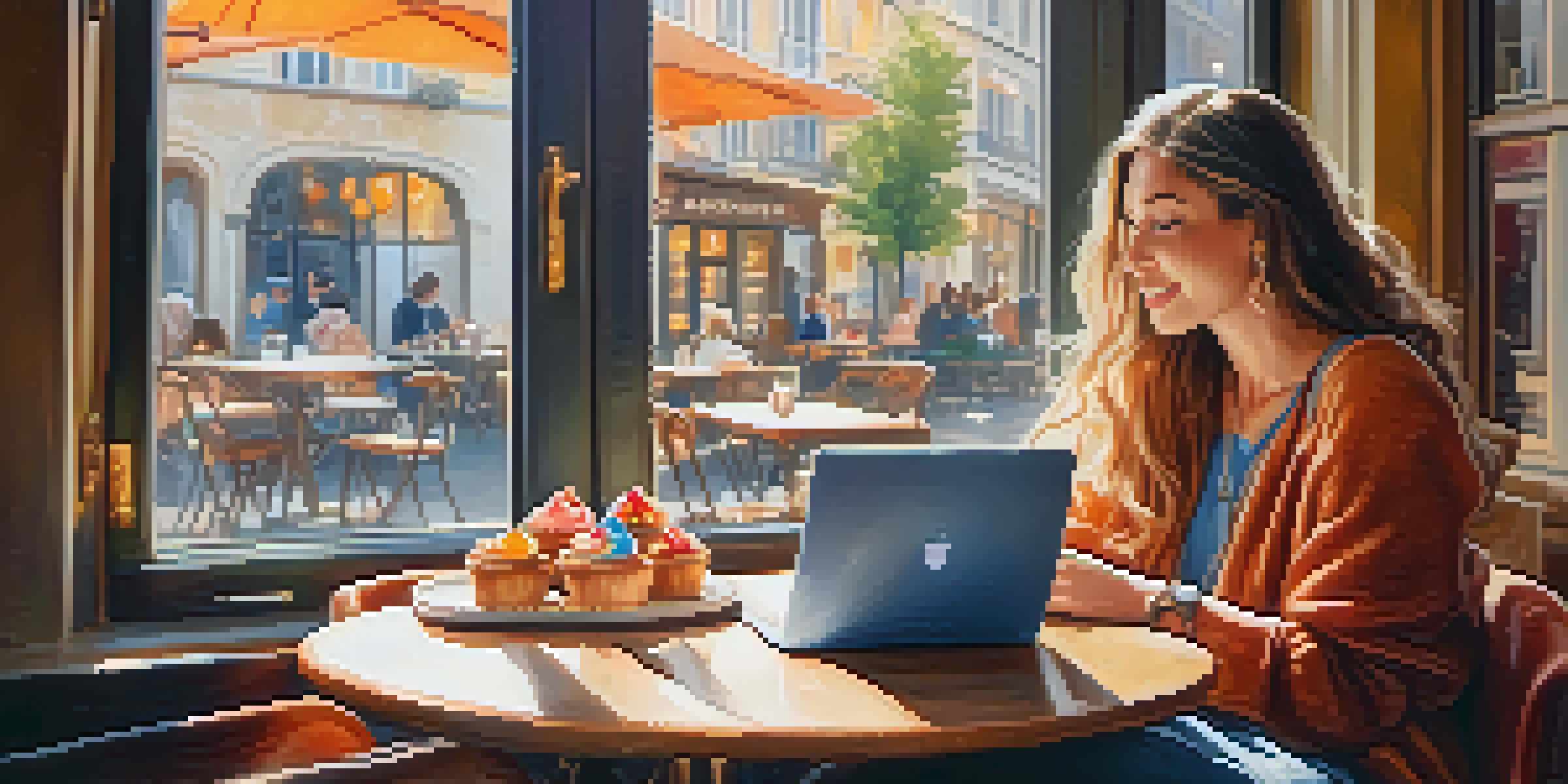 A travel blogger working on a laptop in a cozy café with pastries and coffee, sunlight streaming through the window.