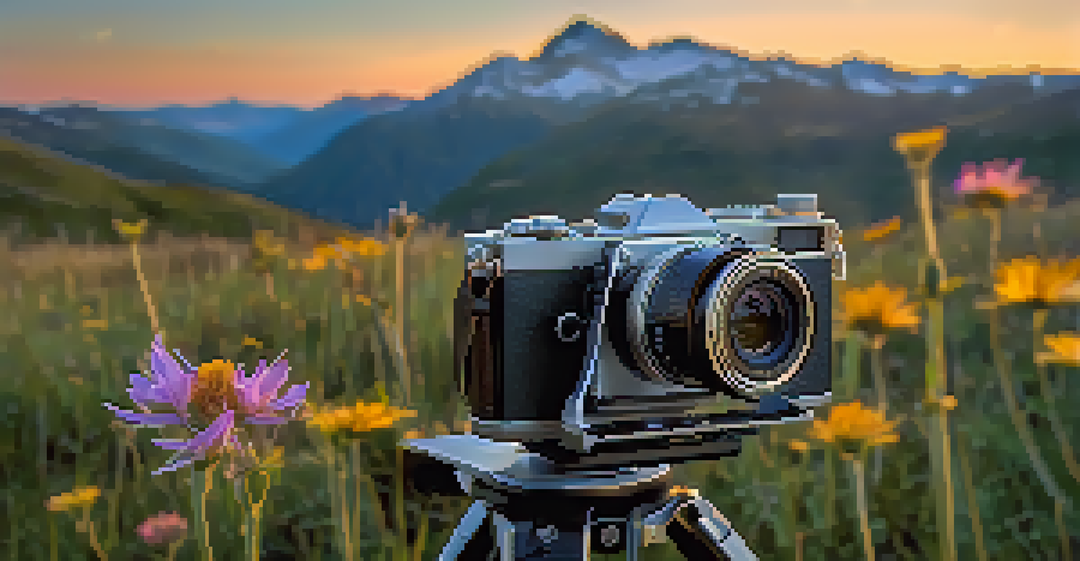 A camera on a tripod in front of a mountain backdrop, capturing the golden hour light.