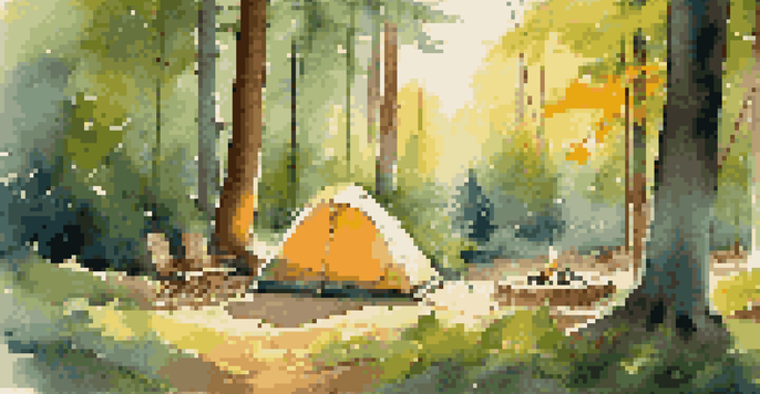 A colorful camping tent pitched in a green forest, with sunlight shining through the trees and a campfire nearby.