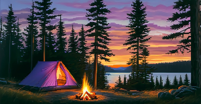 A peaceful camping scene at twilight with a tent, campfire, and pine trees under a colorful sky.