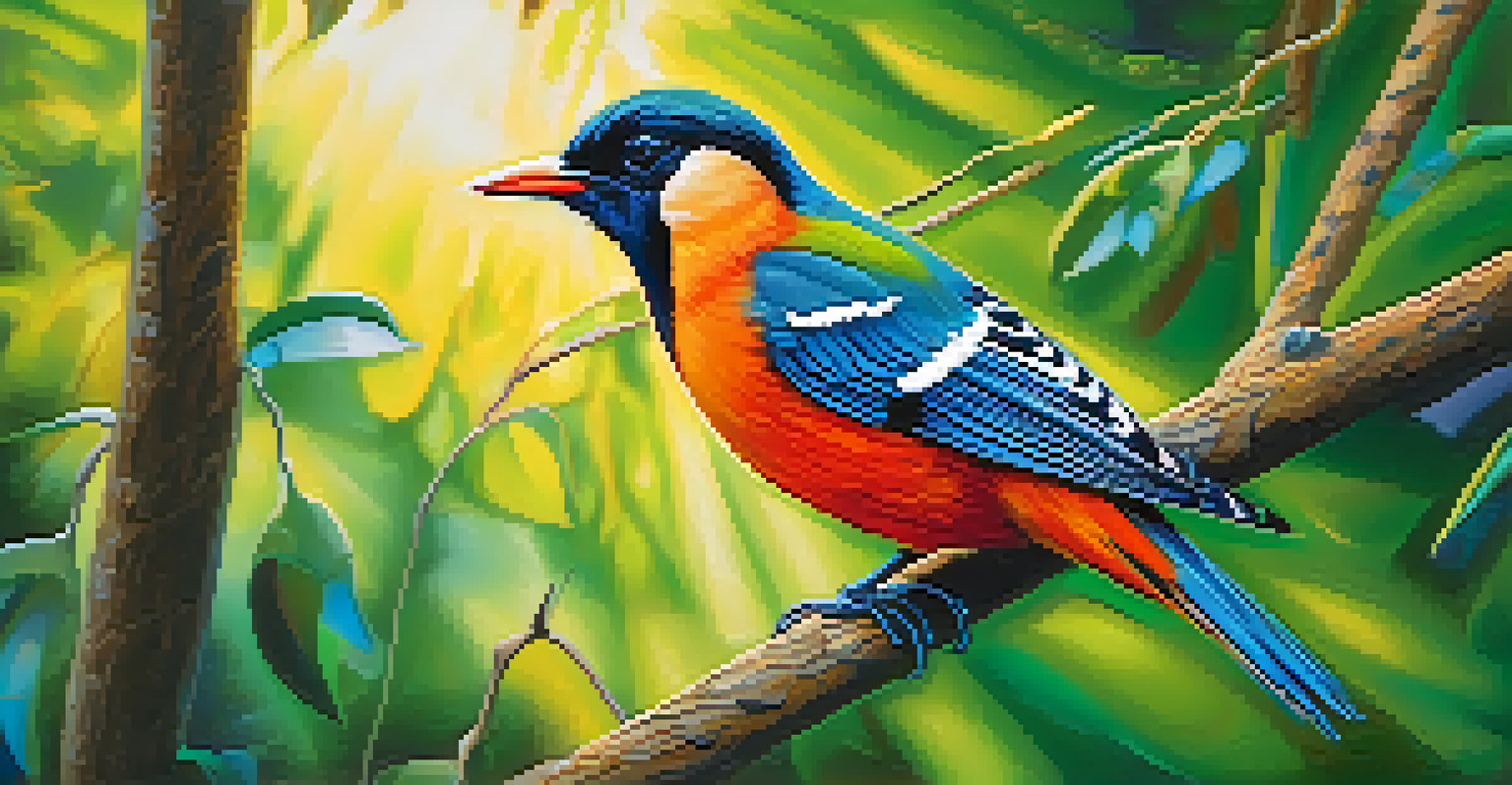 A close-up of a colorful bird perched on a branch in a lush forest.