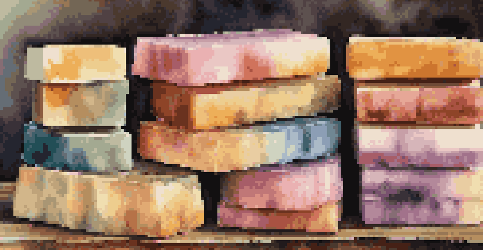 Vibrant layered soap bars with herbs and flowers, arranged on a rustic table in soft lighting.