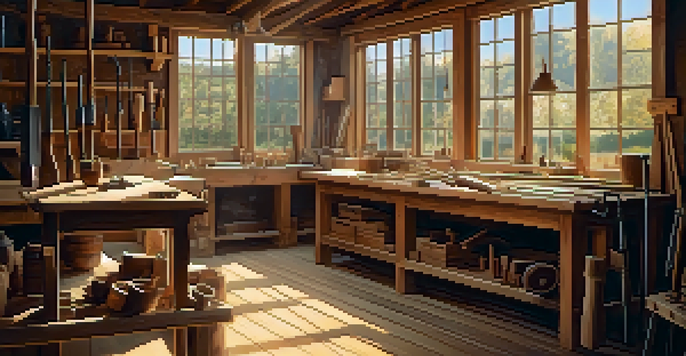 A well-lit woodworking workshop with hand tools on a rustic workbench, highlighting the artistry of traditional woodworking.