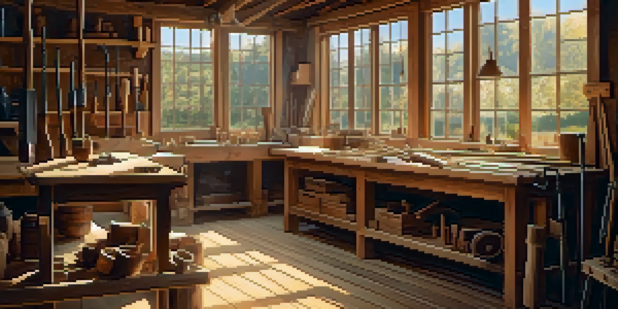 A well-lit woodworking workshop with hand tools on a rustic workbench, highlighting the artistry of traditional woodworking.