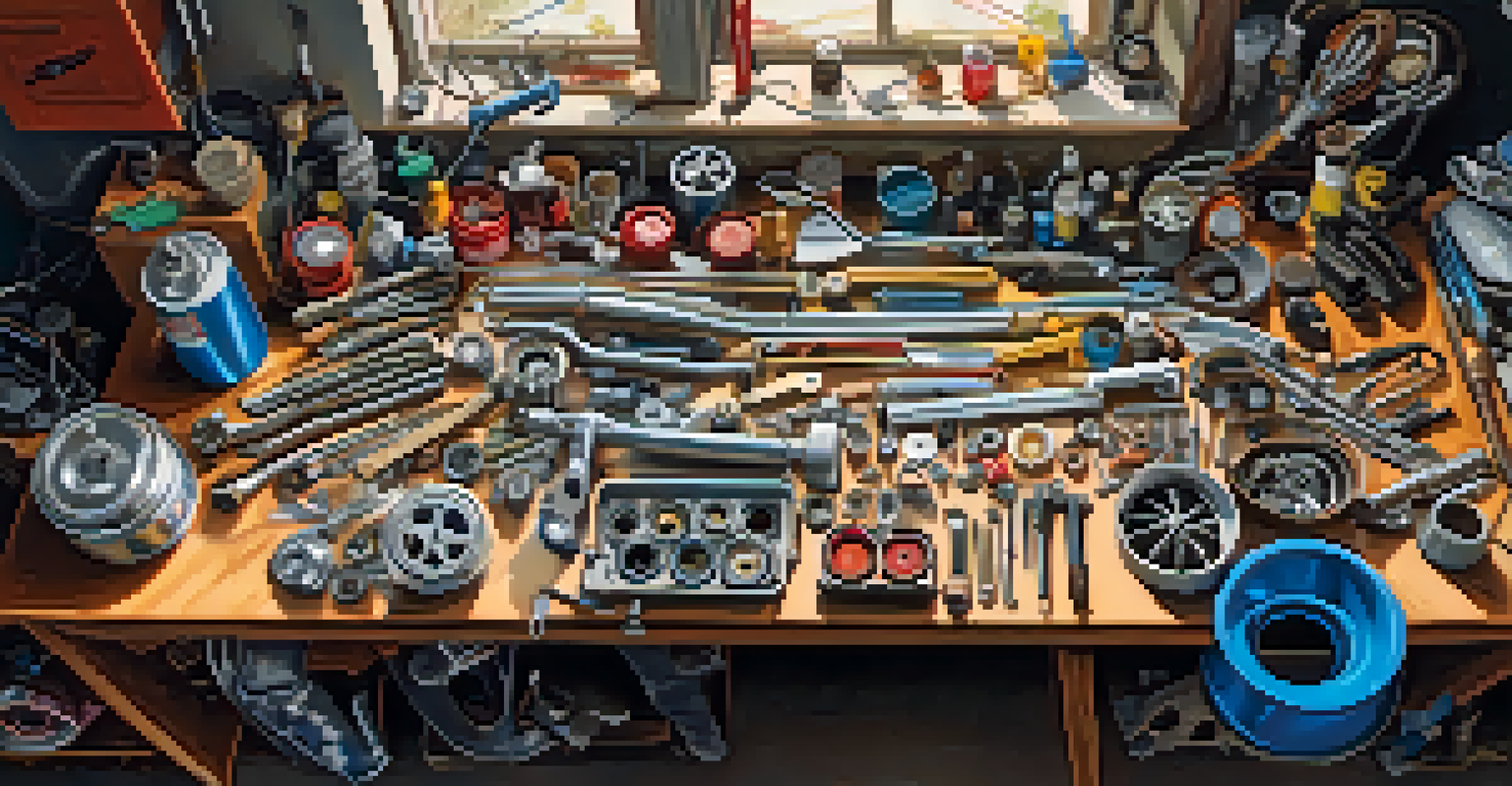A mechanic's workbench filled with car parts, tools, and a half-assembled engine, illuminated by natural light.