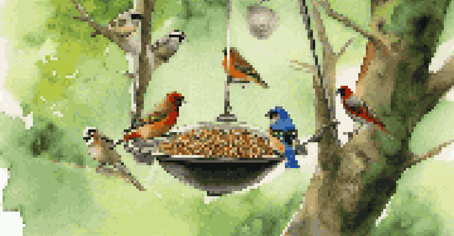 Close-up of a bird feeder with sparrows and finches feeding, surrounded by green foliage.