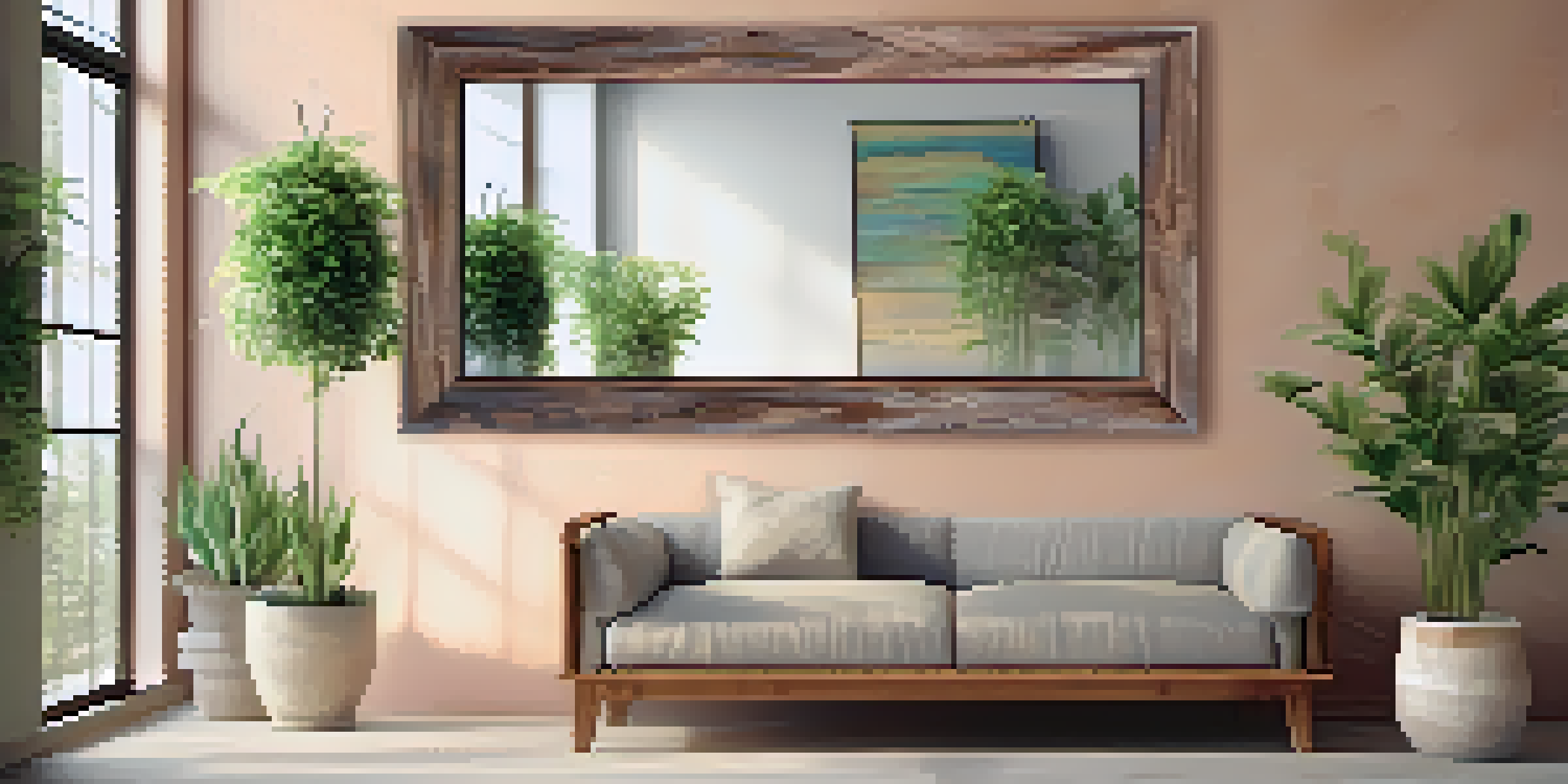A rustic mirror frame made of reclaimed wood, hung on a pastel wall with natural light and potted plants underneath.