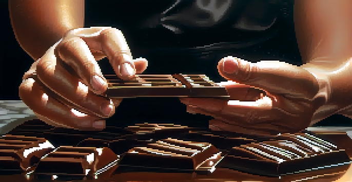 A chocolatier's hands tempering dark chocolate on a marble slab, surrounded by cacao beans, with warm lighting enhancing the chocolate's glossy surface.