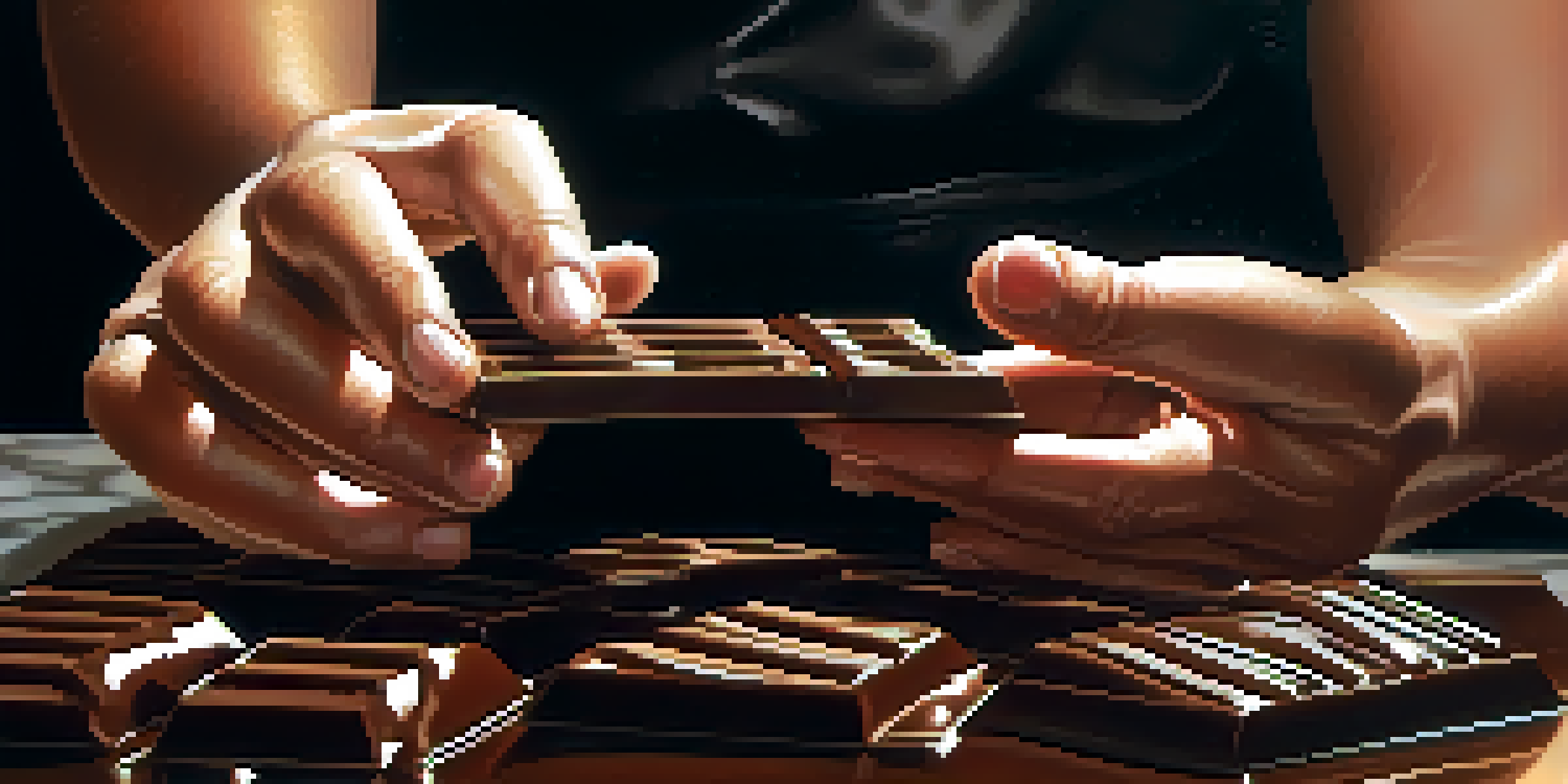 A chocolatier's hands tempering dark chocolate on a marble slab, surrounded by cacao beans, with warm lighting enhancing the chocolate's glossy surface.