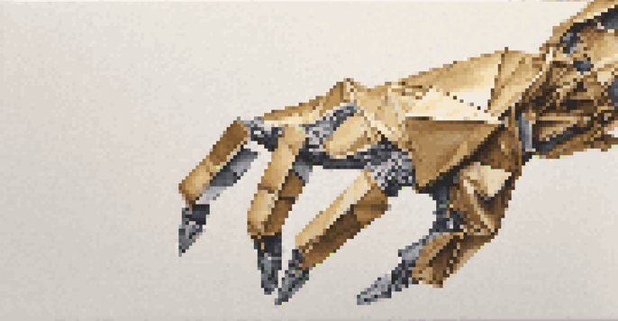 A detailed close-up of an origami-inspired robotic arm made of metallic materials, showcasing its intricate folds and joints against a softly lit background.