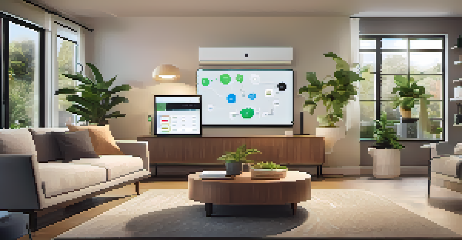 A stylish living room featuring a smart home hub and various smart devices on a coffee table, with a cozy ambiance created by warm lighting and plants.