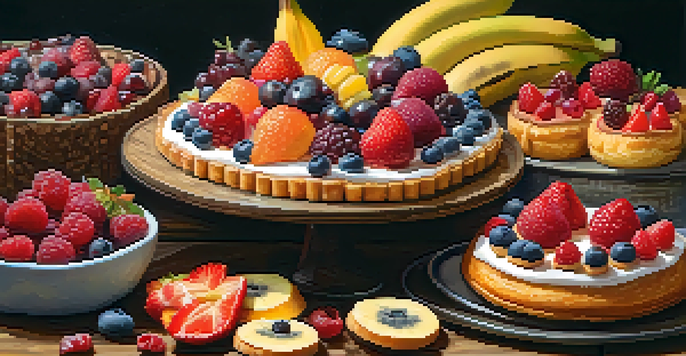 A colorful assortment of vegan pastries made with fresh fruits, displayed on a rustic wooden table under soft natural light.