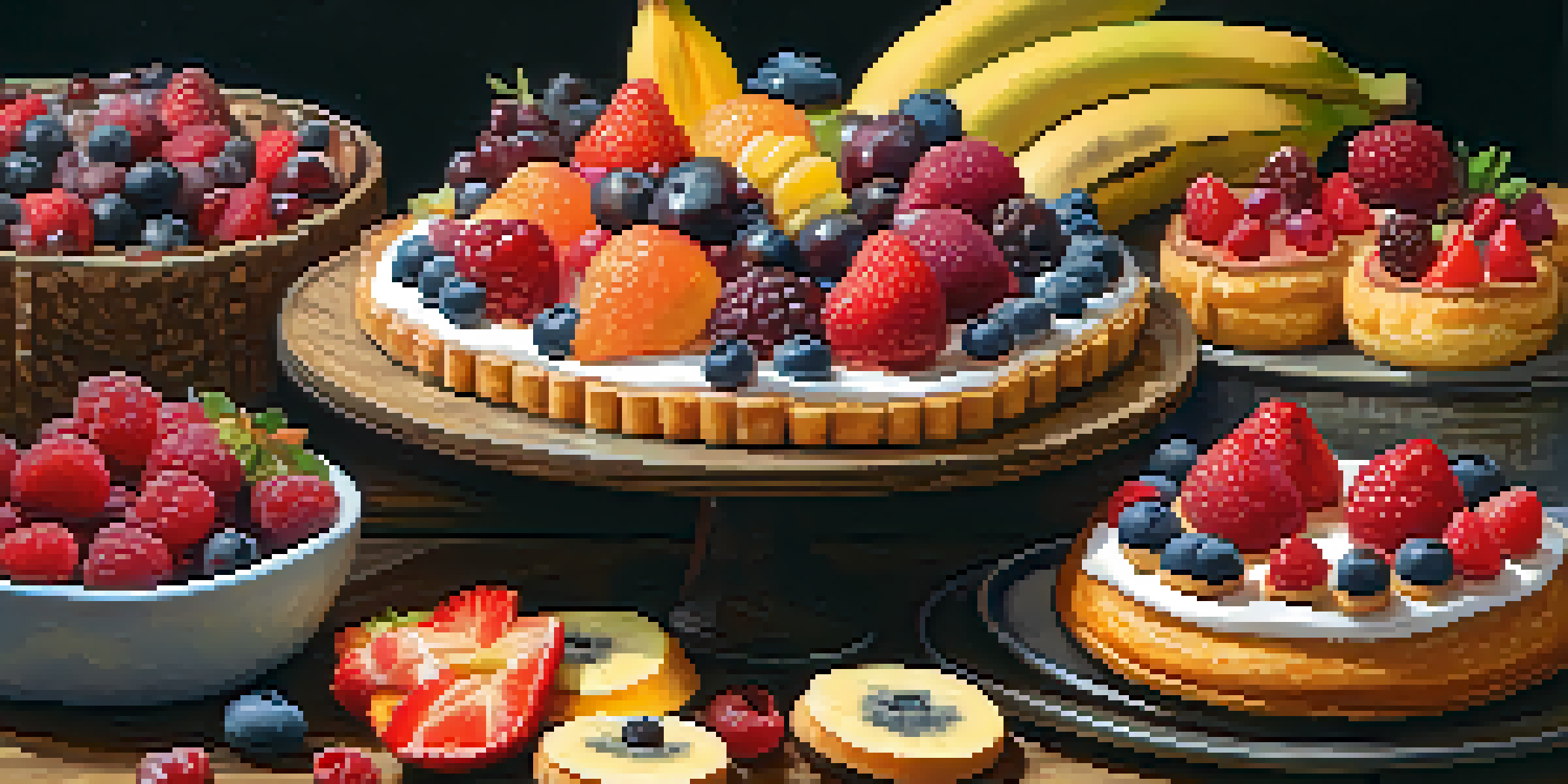 A colorful assortment of vegan pastries made with fresh fruits, displayed on a rustic wooden table under soft natural light.