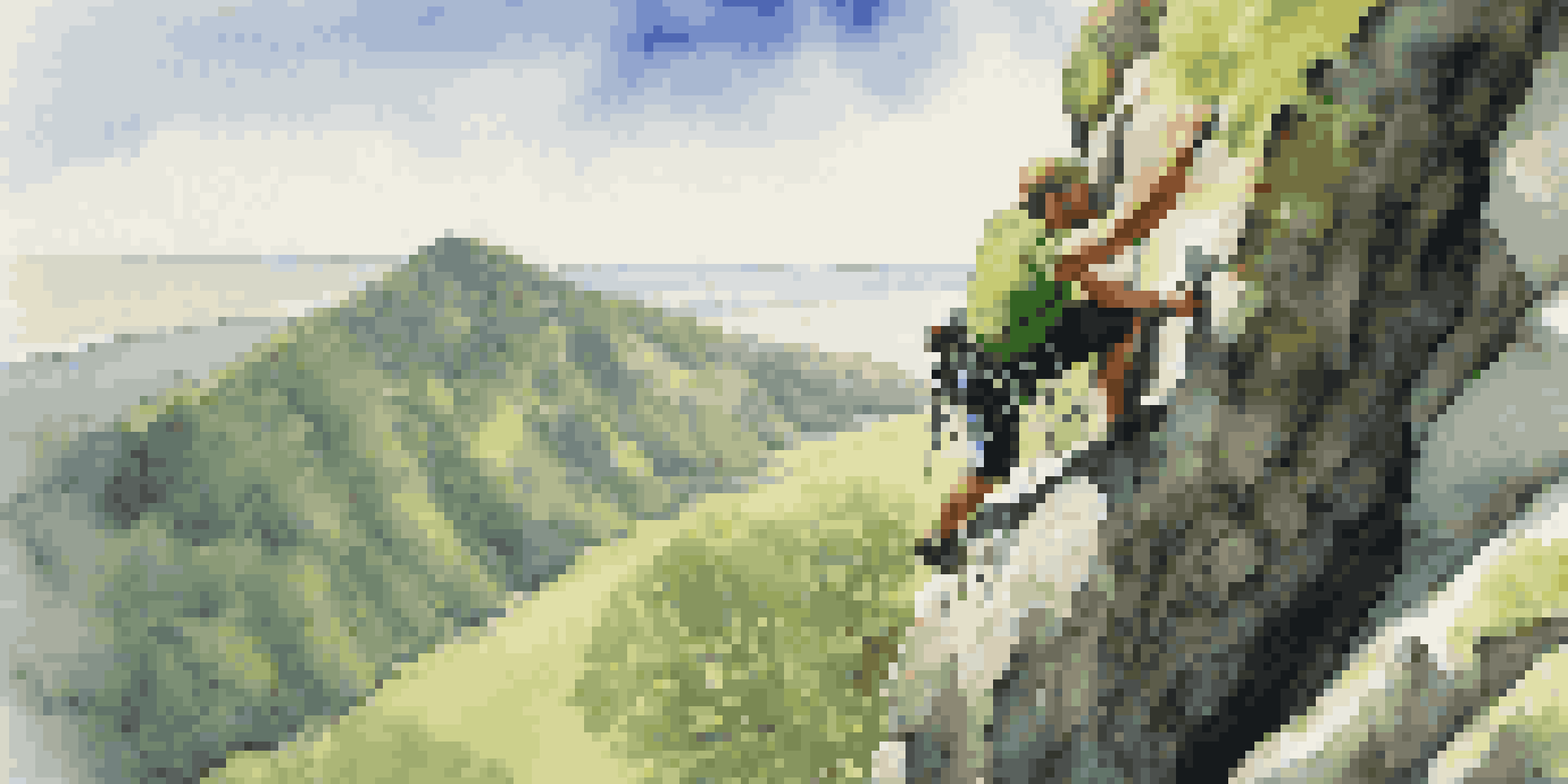 A climber on a rocky cliff, demonstrating strength and determination against a bright sky.