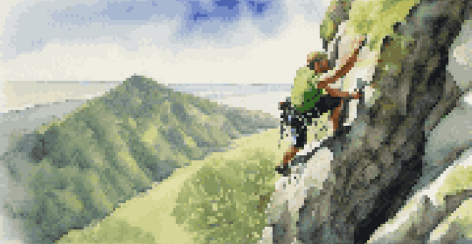 A climber on a rocky cliff, demonstrating strength and determination against a bright sky.