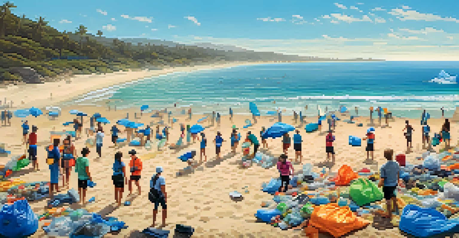 Aerial view of surfers and volunteers cleaning a beach, with trash bags and surfers in the ocean.