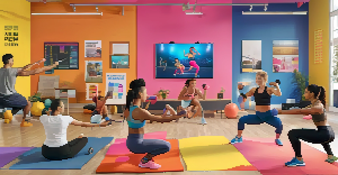 A diverse group of participants in an online fitness class, engaging with their instructor through a video call, surrounded by motivational decor.
