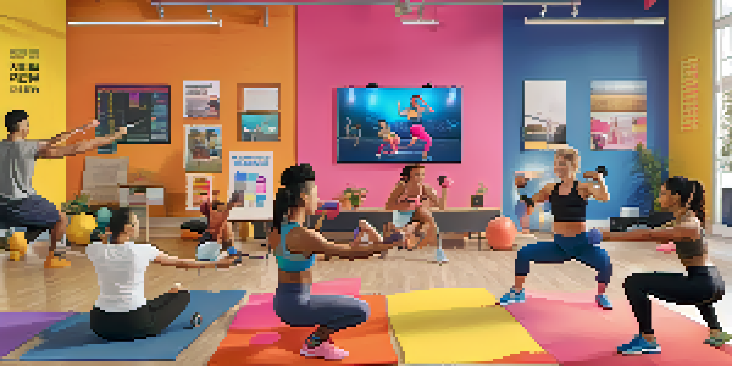 A diverse group of participants in an online fitness class, engaging with their instructor through a video call, surrounded by motivational decor.