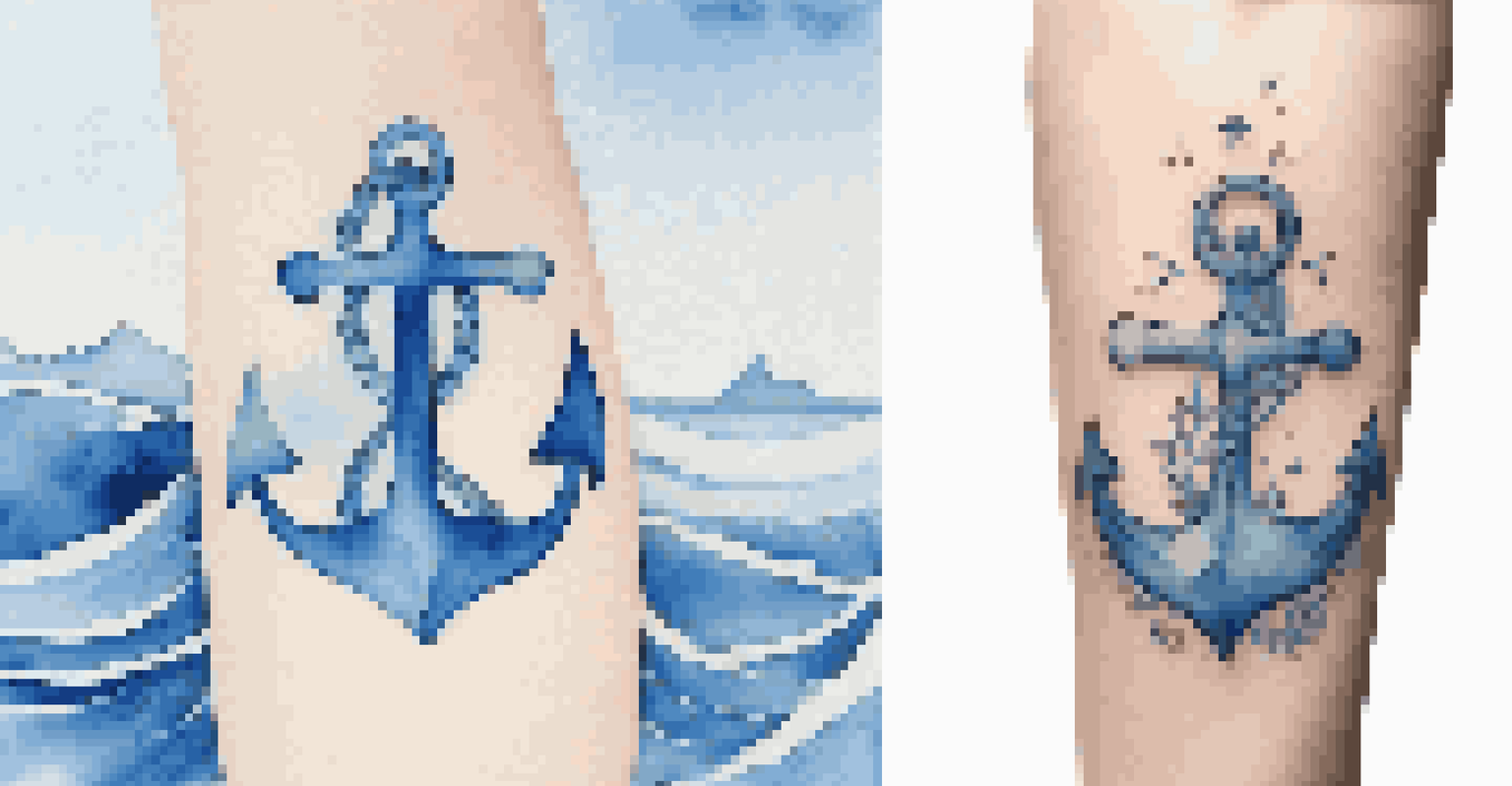 An artistic display of two complementary tattoos: an anchor and a wave, set against a soft blue and white gradient background.