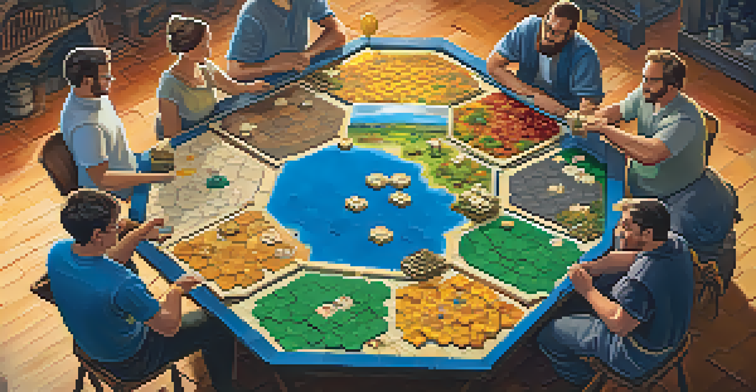 Players enjoying a game of Catan with a colorful game board and trading resources.