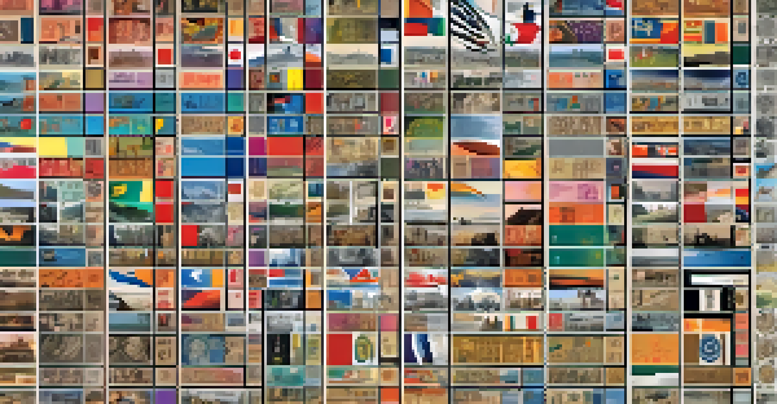 A vibrant digital collage of modern stamps representing various cultures and historical events.