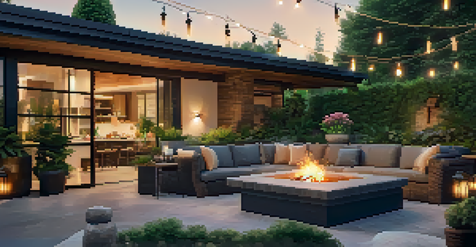 An inviting outdoor living area with patio furniture, an outdoor kitchen, and a fire pit, illuminated by sunset and string lights.
