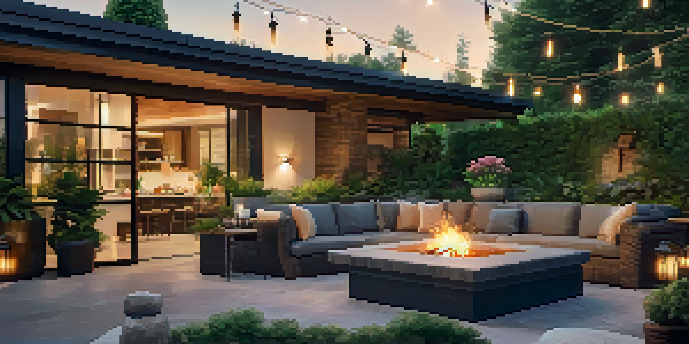An inviting outdoor living area with patio furniture, an outdoor kitchen, and a fire pit, illuminated by sunset and string lights.