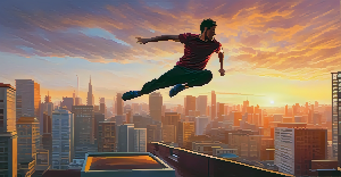 A parkour athlete leaping over a rooftop against a colorful sunset backdrop, emphasizing agility and strength.