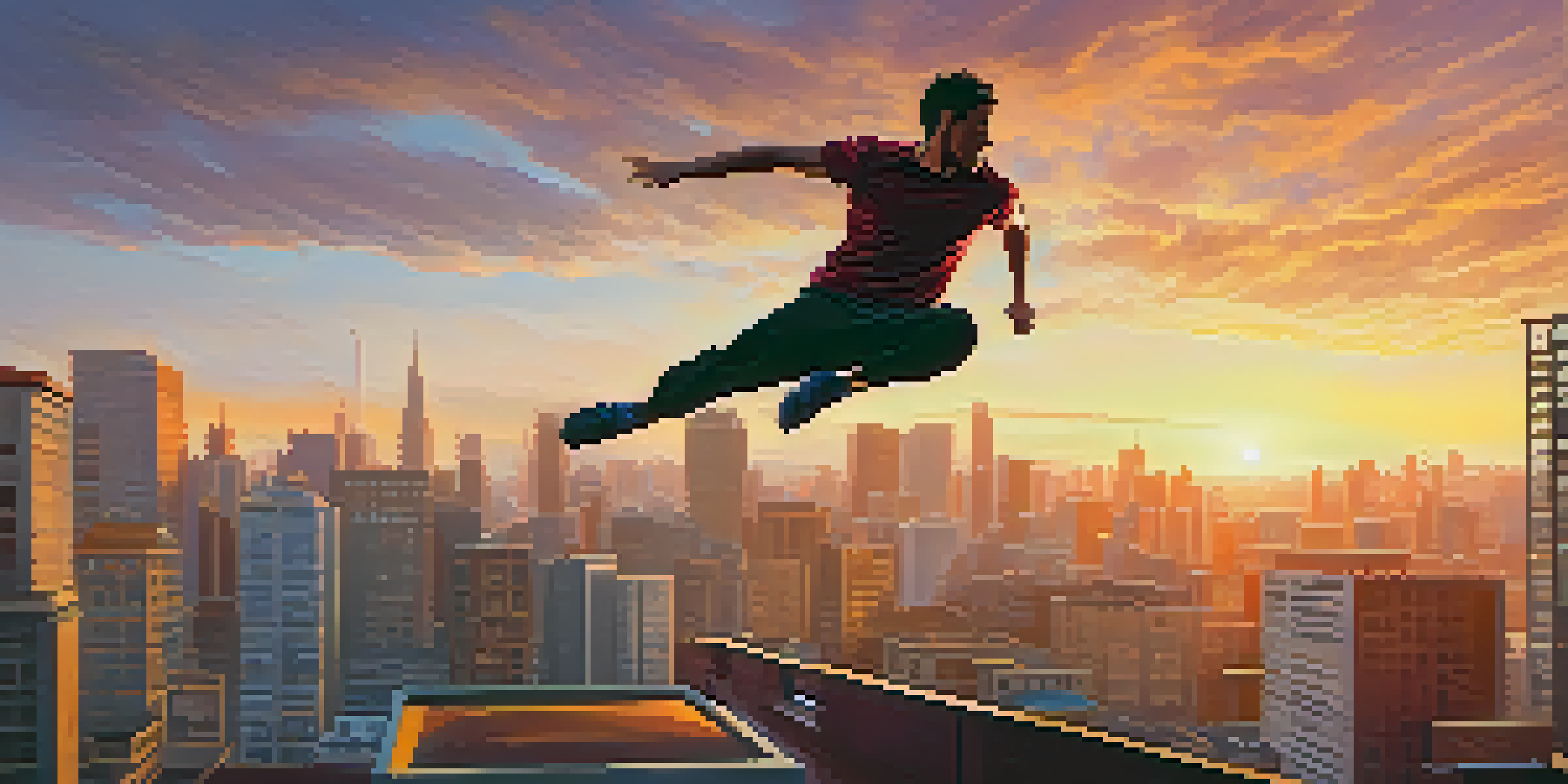 A parkour athlete leaping over a rooftop against a colorful sunset backdrop, emphasizing agility and strength.